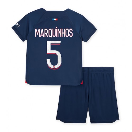 Fotballdrakt Barn Paris Saint-Germain Marquinhos #5 Hjemmedraktsett 2023-24 Kortermet (+ Korte bukser)